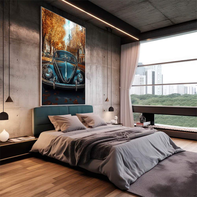 Quadro Decorativo do Fusca em Harmonia com a Natureza - quadros decorativos para sala 1 Tela Vertical, 3 Telas - em living room premium