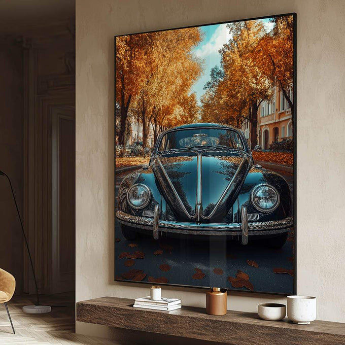 Quadro Decorativo do Fusca em Harmonia com a Natureza - quadros decorativos para sala 1 Tela Vertical, 3 Telas - em ambiente decorado