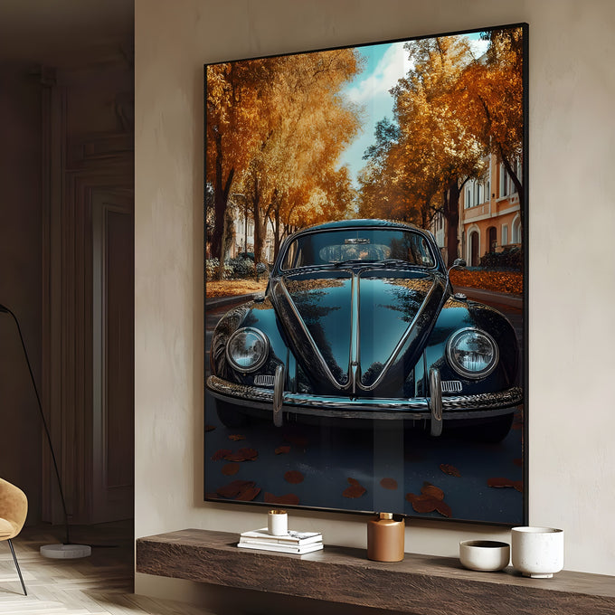 Fusca azul vintage de frente em avenida com árvores de outono laranja, quadro decorativo