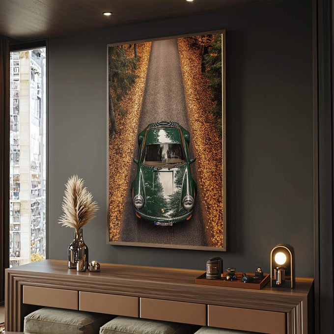 Quadro Decorativo de Carro Esportivo - quadros decorativos para sala 1 Tela Vertical, 3 Telas - em ambiente decorado