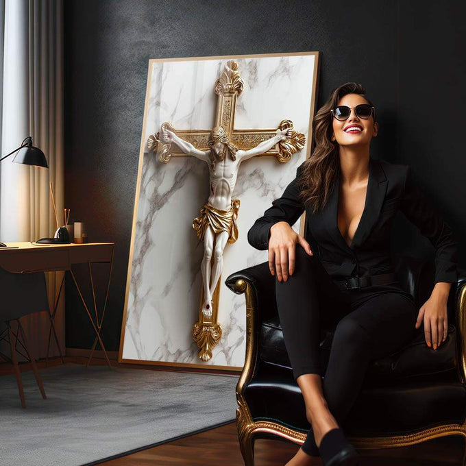 Quadro Decorativo A Cruz Do Senhor Inspiração e Elegância - quadros decorativos 1 Tela Vertical, 3 Telas - em sala moderna
