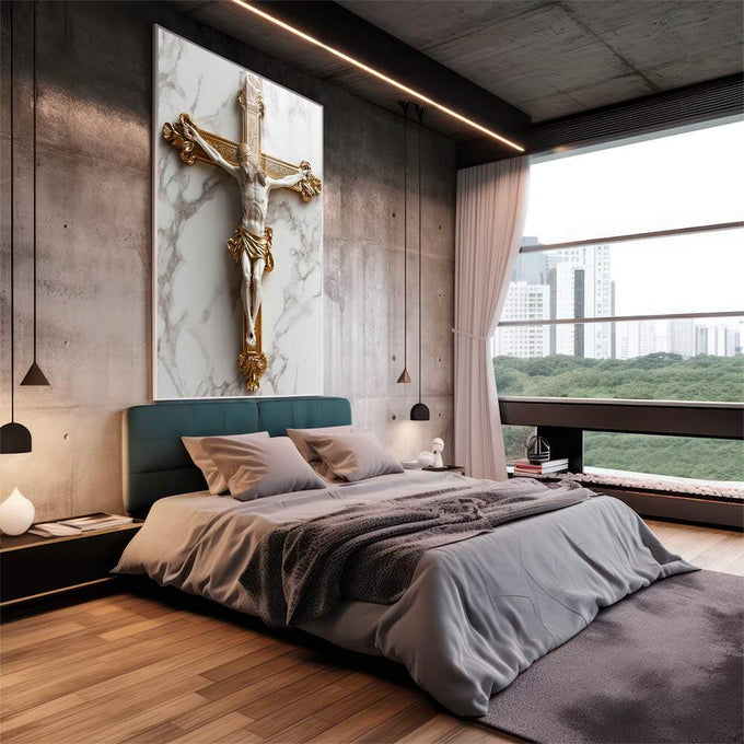 Quadro Decorativo A Cruz Do Senhor Inspiração e Elegância - quadros decorativos para sala 1 Tela Vertical, 3 Telas - em quarto contemporaneo