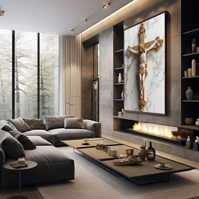 Quadro Decorativo A Cruz Do Senhor Inspiração e Elegância - quadros decorativos para sala 1 Tela Vertical, 3 Telas - em living room premium
