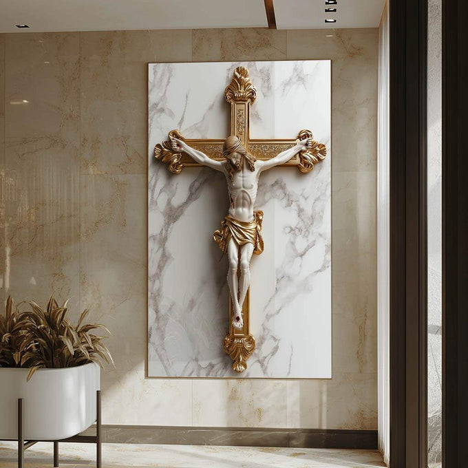 Quadro Decorativo A Cruz Do Senhor Inspiração e Elegância - quadros decorativos para sala 1 Tela Vertical, 3 Telas - em ambiente decorado