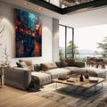 Quadro Decorativo de Moto em Paisagem Urbana  Arte Moderna - quadros decorativos 1 Tela Vertical, 3 Telas - em escritorio elegante