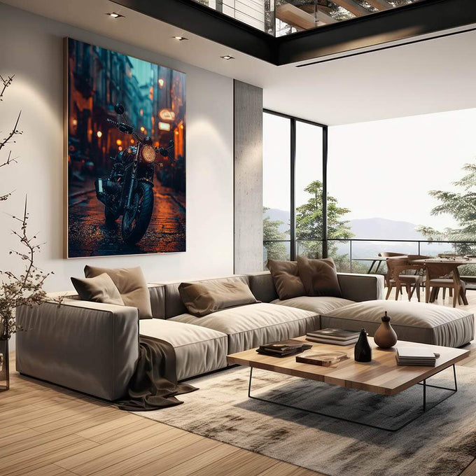 Quadro Decorativo de Moto em Paisagem Urbana  Arte Moderna - quadros decorativos 1 Tela Vertical, 3 Telas - em escritorio elegante