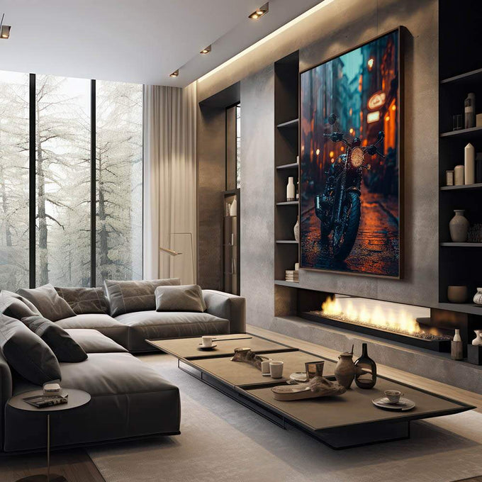 Quadro Decorativo de Moto em Paisagem Urbana  Arte Moderna - quadros decorativos para sala 1 Tela Vertical, 3 Telas - em living room premium