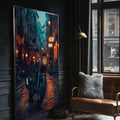 Quadro Decorativo de Moto em Paisagem Urbana  Arte Moderna - quadros decorativos para sala 1 Tela Vertical, 3 Telas - em ambiente decorado
