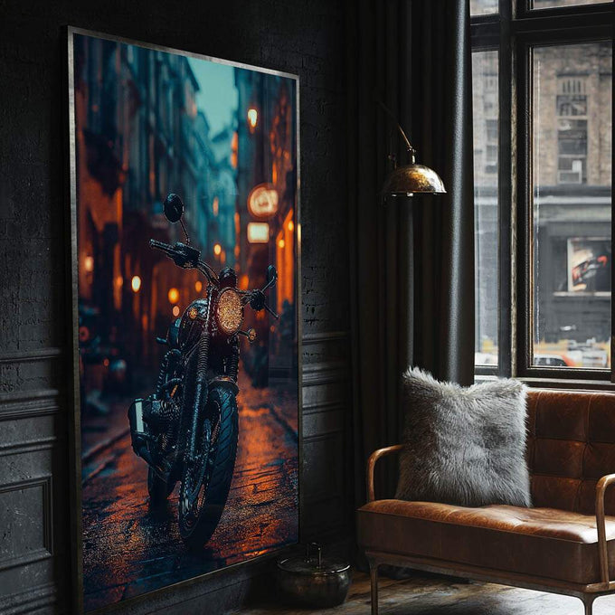 Quadro Decorativo de Moto em Paisagem Urbana  Arte Moderna - quadros decorativos para sala 1 Tela Vertical, 3 Telas - em ambiente decorado