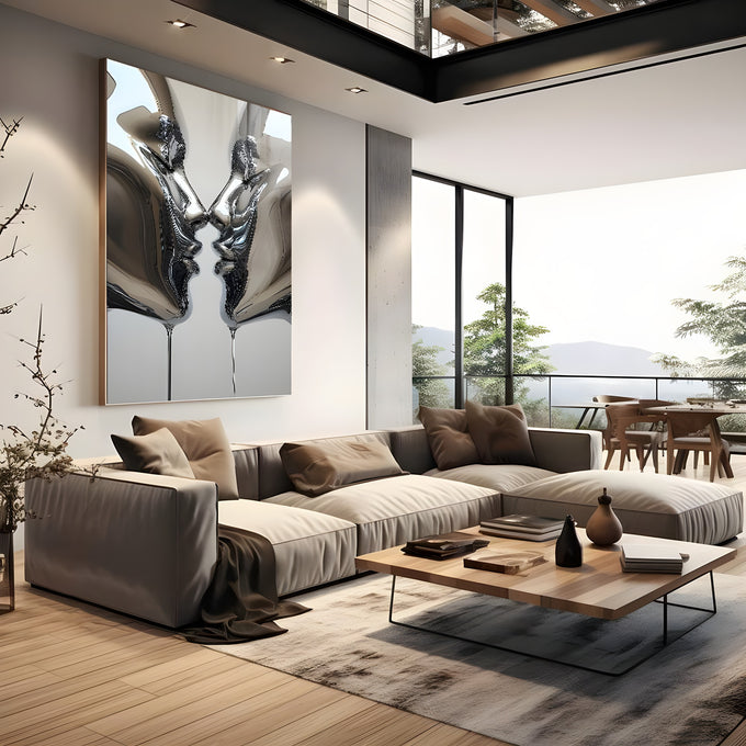 Dois rostos em metal cromado de perfil quase se beijando com gotas escorrendo, quadro decorativo