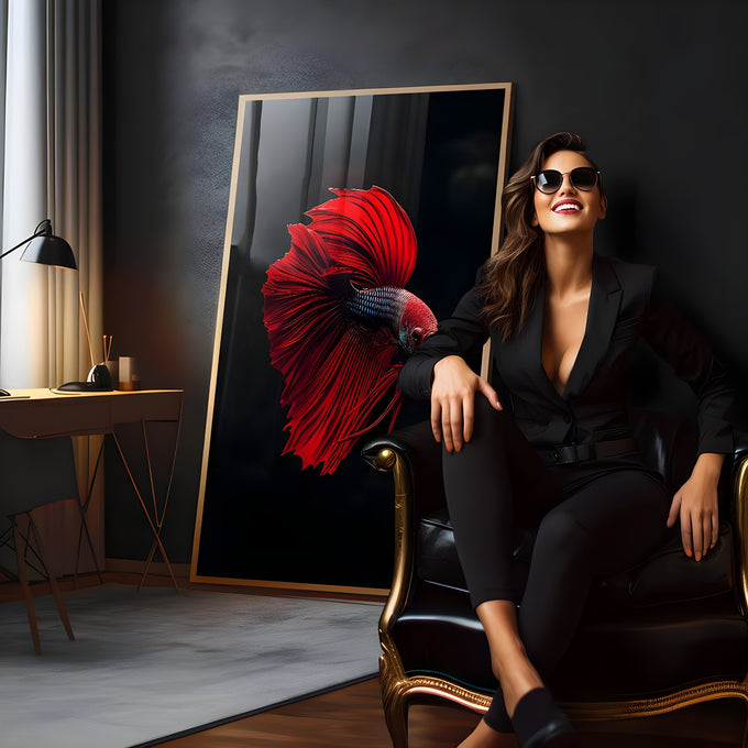 Peixe Betta vermelho com barbatanas longas e esvoaçantes sobre fundo preto, quadro decorativo