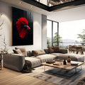 Peixe Betta vermelho com barbatanas longas e esvoaçantes sobre fundo preto, quadro decorativo
