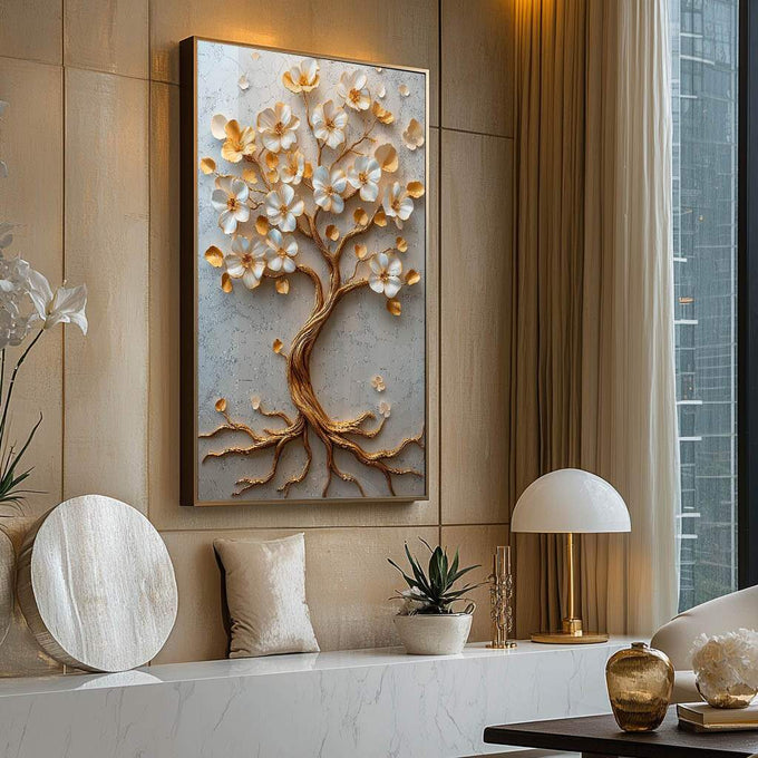 Quadro Decorativo A Beleza Eterna da Árvore da Vida - quadros decorativos para sala 1 Tela Vertical, 3 Telas - em ambiente decorado