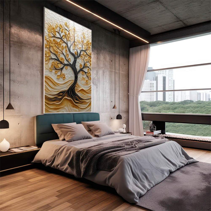 Quadro Decorativo Árvore da Vida Resplandecente Símbolo de Esperança - quadros decorativos 1 Tela Vertical, 3 Telas - em sala moderna
