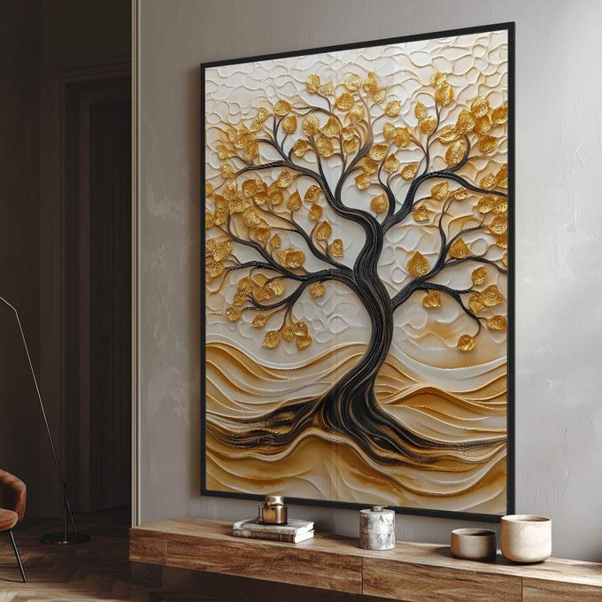 Quadro Decorativo Árvore da Vida Resplandecente Símbolo de Esperança - quadros decorativos para sala 1 Tela Vertical, 3 Telas - em ambiente decorado