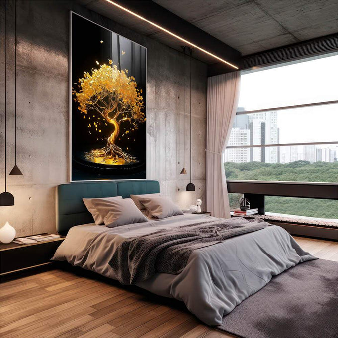 Quadro Decorativo Árvore da Vida Dourada Elegância Natural - quadros decorativos 1 Tela Vertical, 3 Telas - em sala moderna