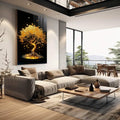 Quadro Decorativo Árvore da Vida Dourada Elegância Natural - quadros decorativos para sala 1 Tela Vertical, 3 Telas - em quarto contemporaneo