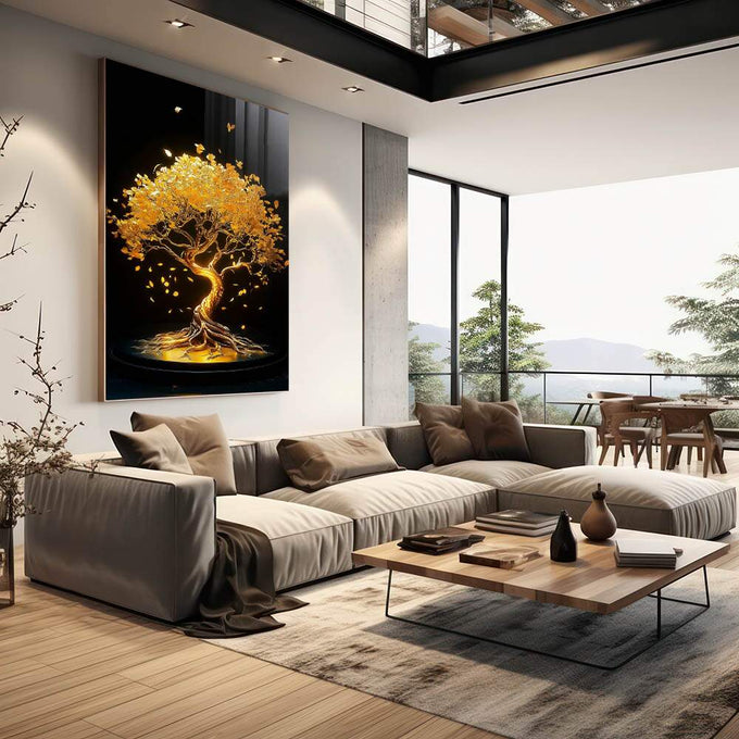 Quadro Decorativo Árvore da Vida Dourada Elegância Natural - quadros decorativos para sala 1 Tela Vertical, 3 Telas - em quarto contemporaneo