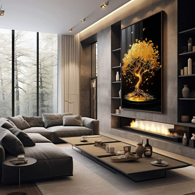Quadro Decorativo Árvore da Vida Dourada Elegância Natural - quadros decorativos 1 Tela Vertical, 3 Telas - em escritorio elegante
