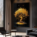 Quadro Decorativo Árvore da Vida Dourada Elegância Natural - quadros decorativos para sala 1 Tela Vertical, 3 Telas - em ambiente decorado