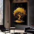 Árvore dourada de tronco retorcido com folhas ao vento e raízes iluminadas sobre fundo preto, quadro decorativo