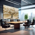 Árvore com flores brancas em relevo 3D sobre ondas em tons bege e creme, quadro decorativo