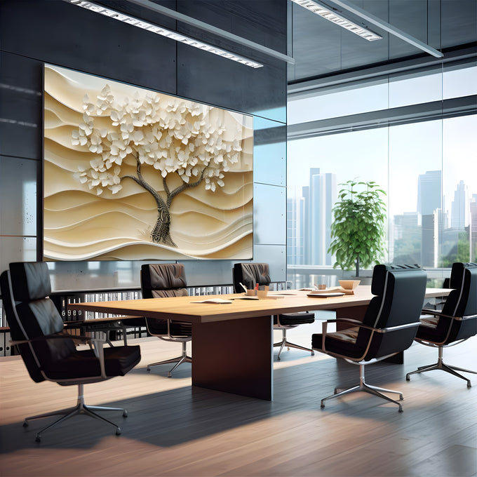 Árvore com flores brancas em relevo 3D sobre ondas em tons bege e creme, quadro decorativo