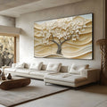 Árvore com flores brancas em relevo 3D sobre ondas em tons bege e creme, quadro decorativo