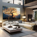 Árvore de tronco retorcido e folhas douradas com sol entre montanhas azuis, quadro decorativo