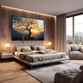 Árvore de tronco retorcido e folhas douradas com sol entre montanhas azuis, quadro decorativo