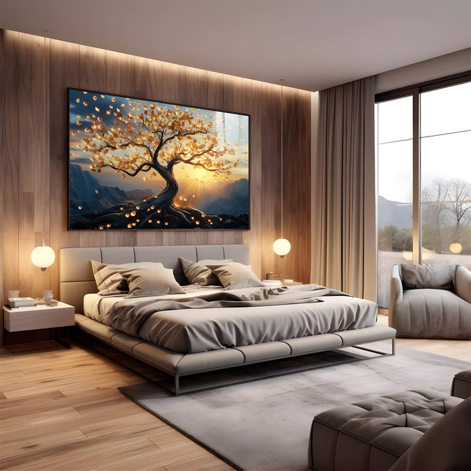 Árvore de tronco retorcido e folhas douradas com sol entre montanhas azuis, quadro decorativo