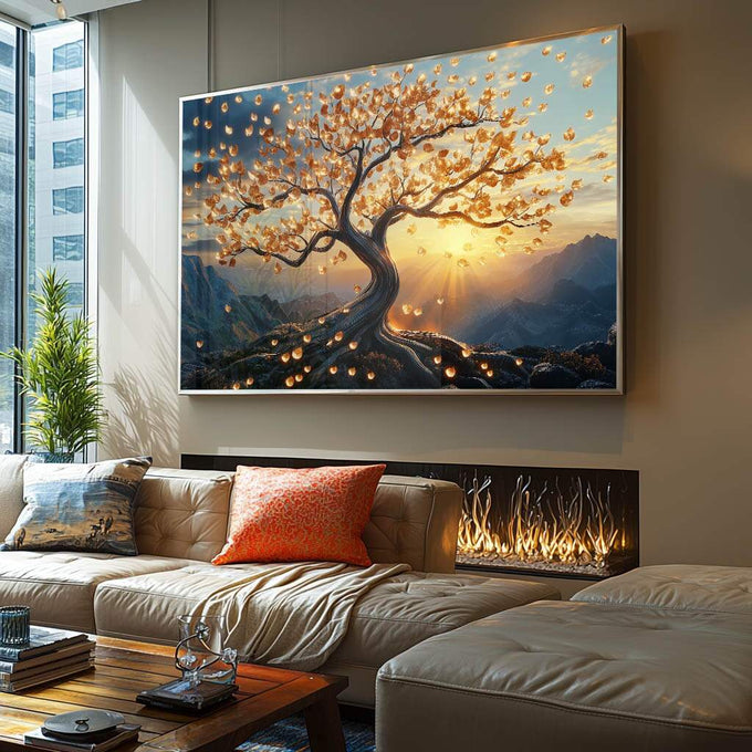 Quadro Decorativo Árvore da Vida Inspiração Sobre O Nascimento Do Sol - quadros decorativos para sala 1 Tela, 1 Tela Horizontal - em ambiente decorado