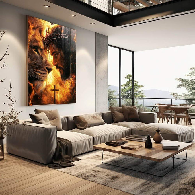 Quadro Decorativo Esplendor de Jesus e Leão de Judá Arte que Inspira - quadros decorativos 1 Tela Vertical, 3 Telas - em sala moderna
