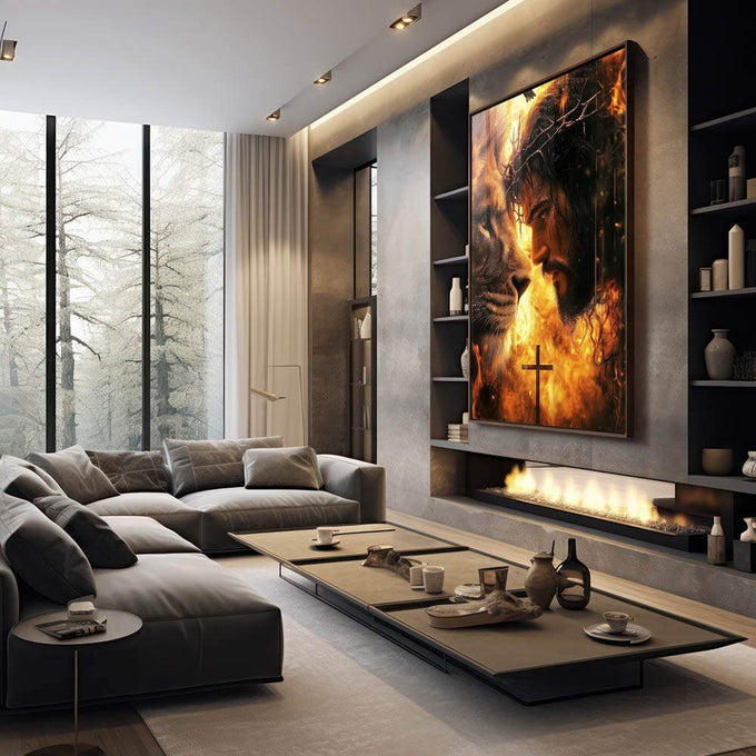 Quadro Decorativo Esplendor de Jesus e Leão de Judá Arte que Inspira - quadros decorativos para sala 1 Tela Vertical, 3 Telas - em quarto contemporaneo