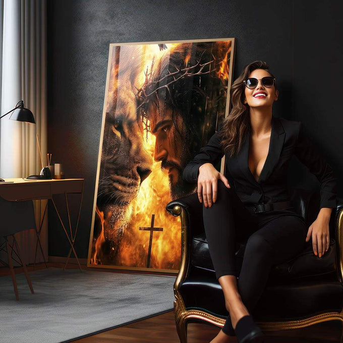Quadro Decorativo Esplendor de Jesus e Leão de Judá Arte que Inspira - quadros decorativos 1 Tela Vertical, 3 Telas - em escritorio elegante