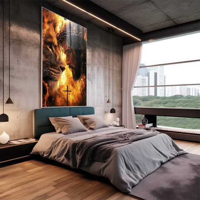 Quadro Decorativo Esplendor de Jesus e Leão de Judá Arte que Inspira - quadros decorativos para sala 1 Tela Vertical, 3 Telas - em living room premium