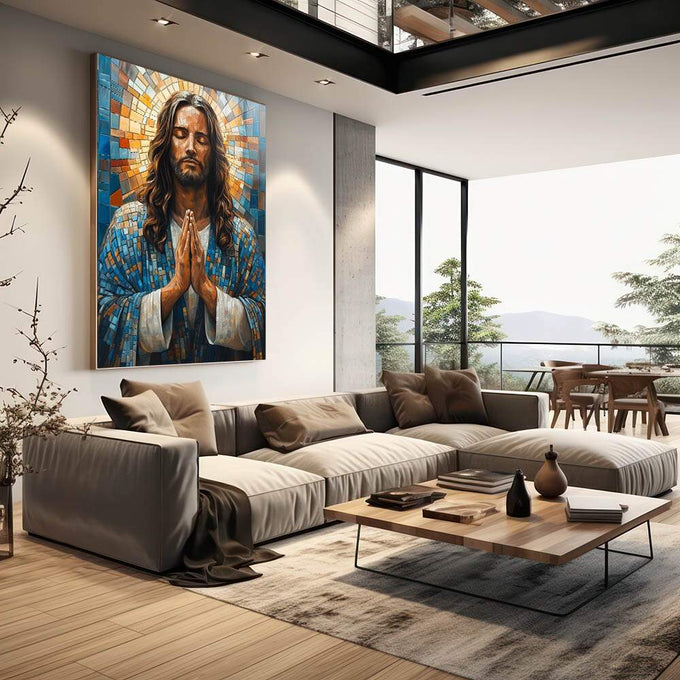 Quadro Decorativo Benção De Jesus Inspiração e Paz - quadros decorativos 1 Tela Vertical, 3 Telas - em sala moderna