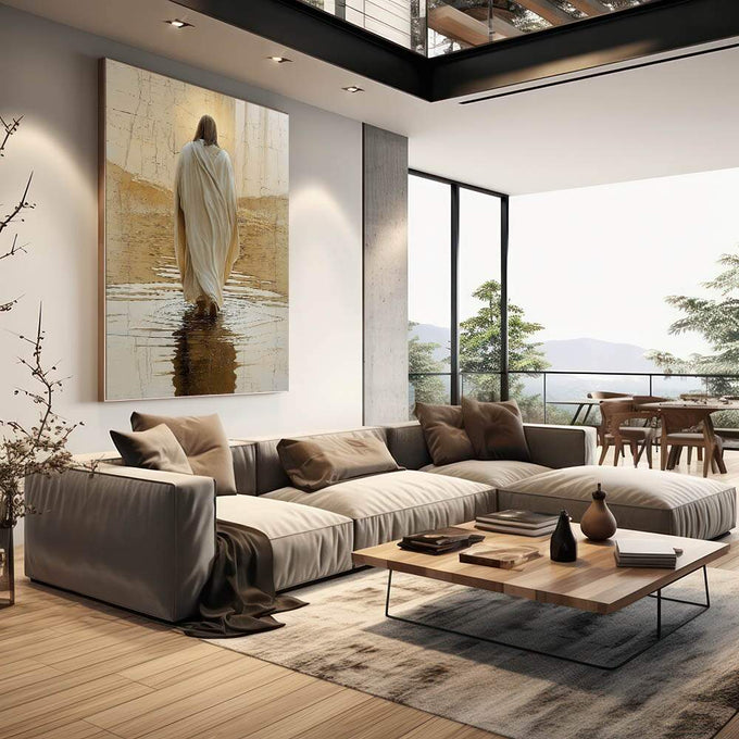 Quadro Decorativo Jesus sobre as Águas Amor e Paz - quadros decorativos 1 Tela Vertical, 3 Telas - em sala moderna