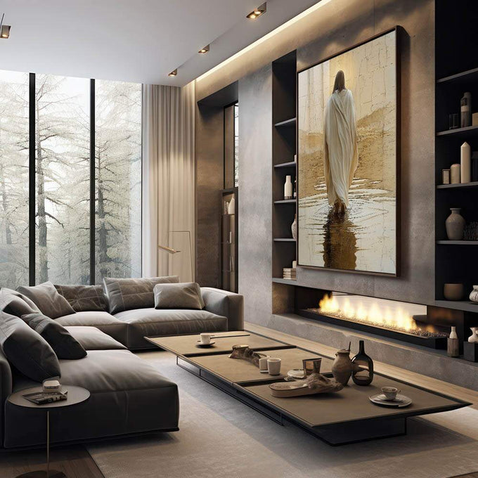 Quadro Decorativo Jesus sobre as Águas Amor e Paz - quadros decorativos para sala 1 Tela Vertical, 3 Telas - em quarto contemporaneo