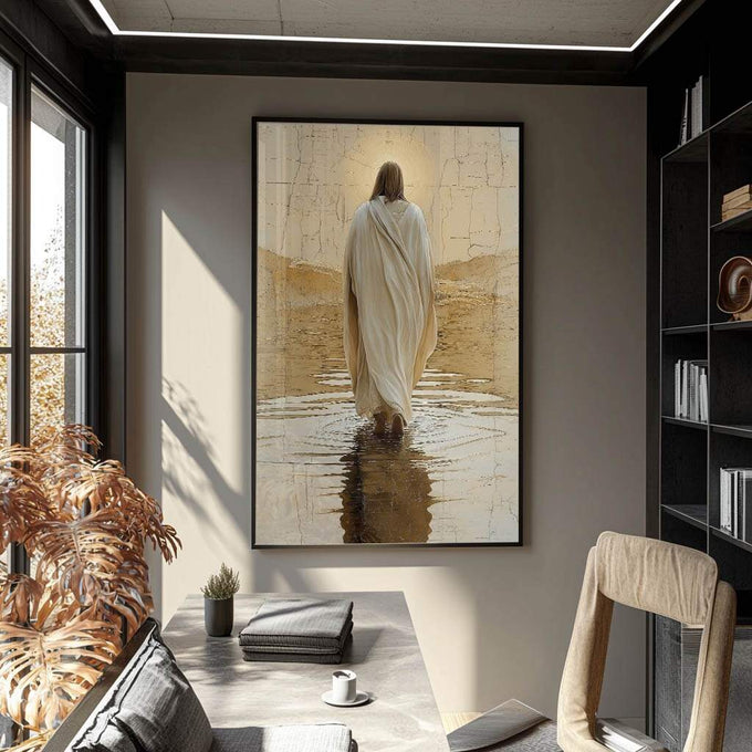 Quadro Decorativo Jesus sobre as Águas Amor e Paz - quadros decorativos para sala 1 Tela Vertical, 3 Telas - em ambiente decorado