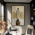 Jesus de costas com manto branco caminhando sobre as águas sob halo dourado, tons bege, quadro decorativo
