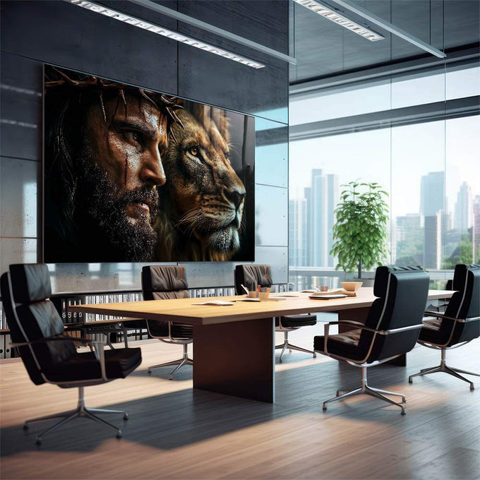 Quadro Decorativo A Serenidade de Jesus e a Ferocidade do Leão de Judá - quadros decorativos para sala 1 Tela, 1 Tela Horizontal - em quarto contemporaneo