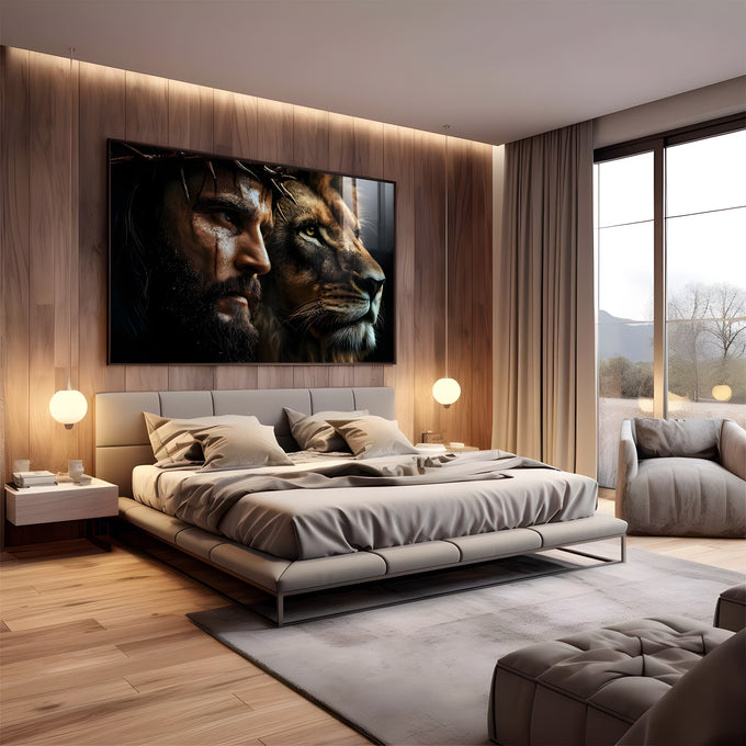 Jesus com coroa de espinhos de perfil ao lado de leão em close, fundo escuro, quadro decorativo