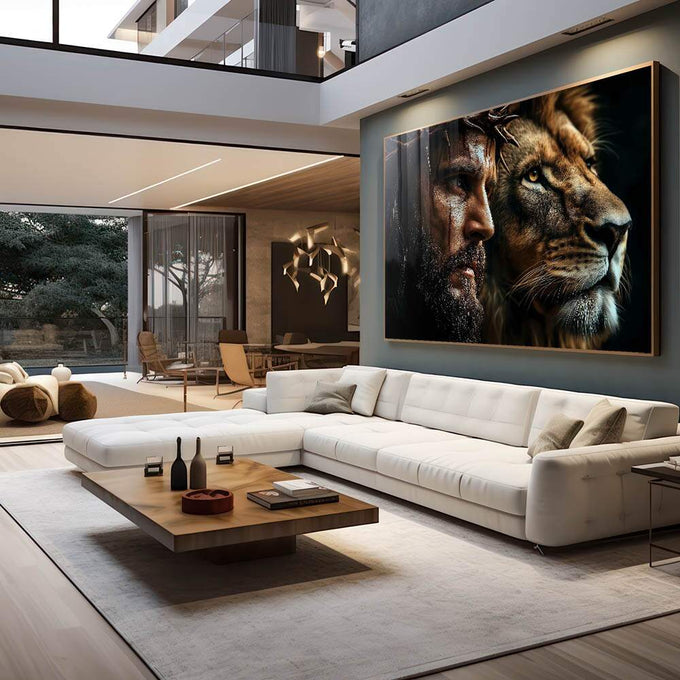 Quadro Decorativo A Serenidade de Jesus e a Ferocidade do Leão de Judá - quadros decorativos para sala 1 Tela, 1 Tela Horizontal - em living room premium