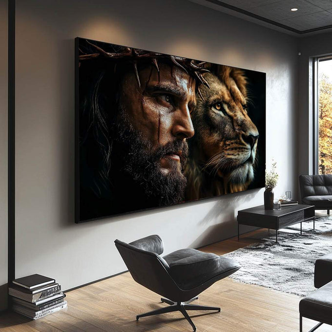 Quadro Decorativo A Serenidade de Jesus e a Ferocidade do Leão de Judá - quadros decorativos para sala 1 Tela, 1 Tela Horizontal - em ambiente decorado