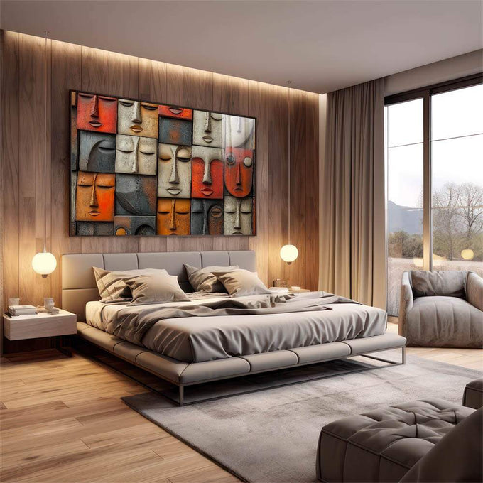 Quadro Decorativo Faces Abstratas Arte Moderna - quadros decorativos para sala 1 Tela, 1 Tela Horizontal - em quarto contemporaneo