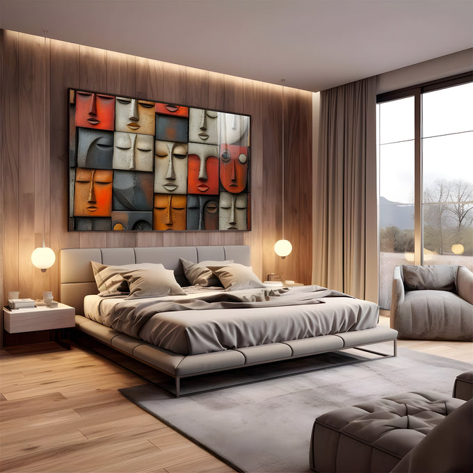 Mosaico de rostos estilizados em relevo nos tons laranja, cinza e creme, quadro decorativo