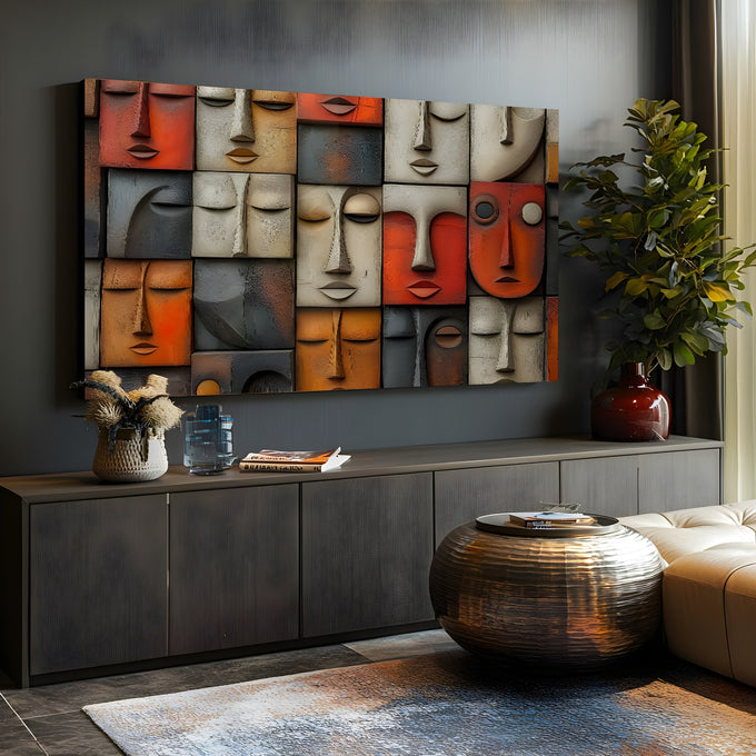 Mosaico de rostos estilizados em relevo nos tons laranja, cinza e creme, quadro decorativo