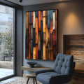 Ripas verticais de madeira em marrom, laranja, preto e azul, arte abstrata rústica, quadro decorativo