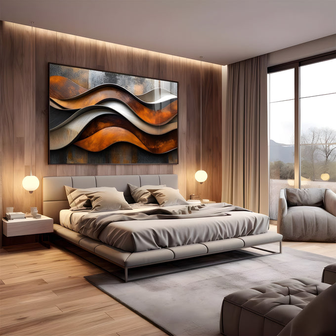 Ondas abstratas sobrepostas em cobre, marrom, prata e cinza com textura metálica, quadro decorativo